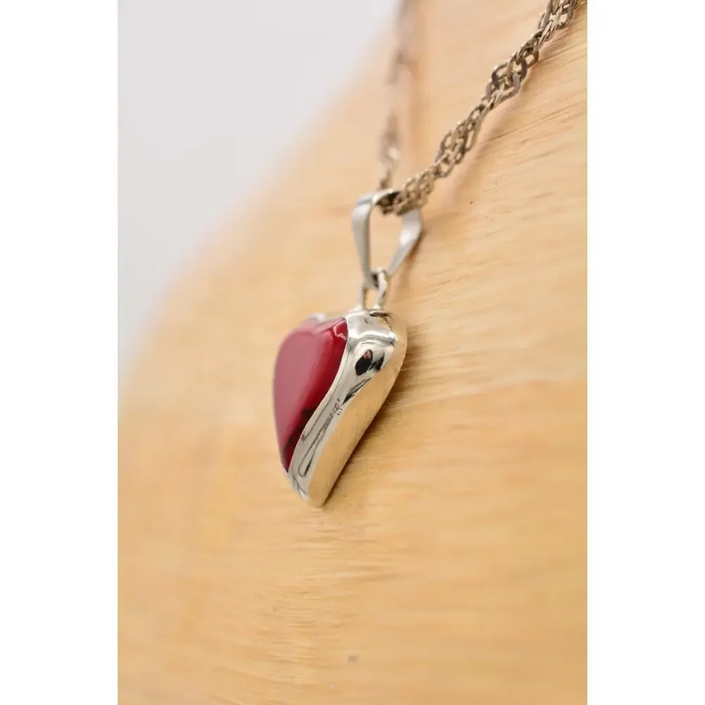 ATI 925 Mexico Heart Pendant Necklace Red Stone Sterling Silver Signed Bin8